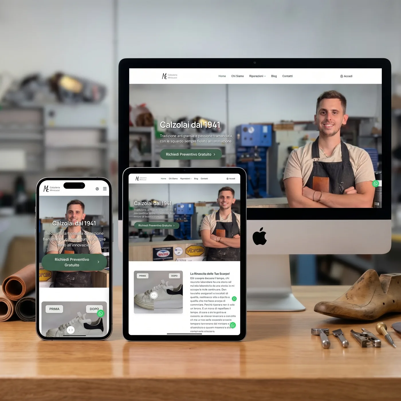 Sito web responsive realizzato dalla nostra agenzia, mostrato su desktop, tablet e smartphone