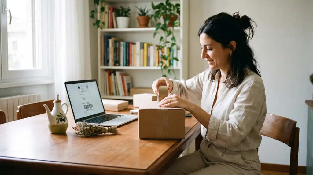 Titolare di un piccolo ecommerce prepara gli ordini da spedire