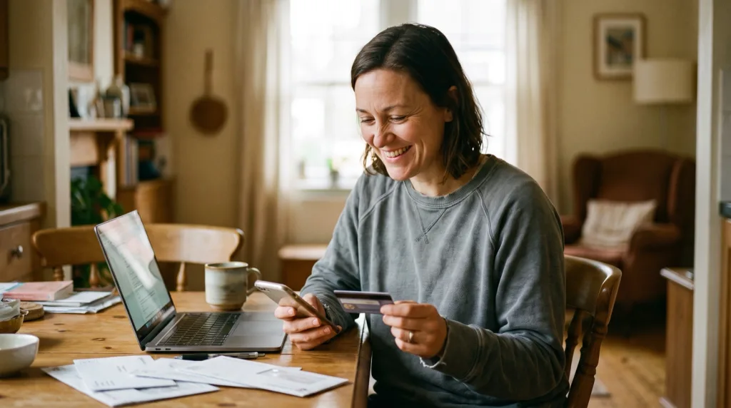 Persona acquista da un negozio online con carta di credito e smartphone