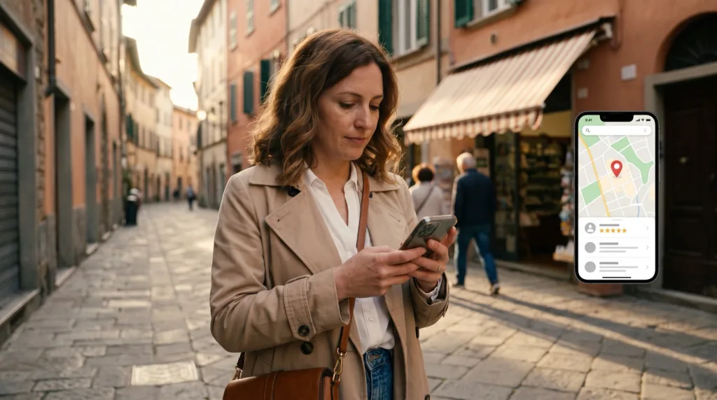Donna in una via di un borgo italiano cerca un'attività locale sullo smartphone