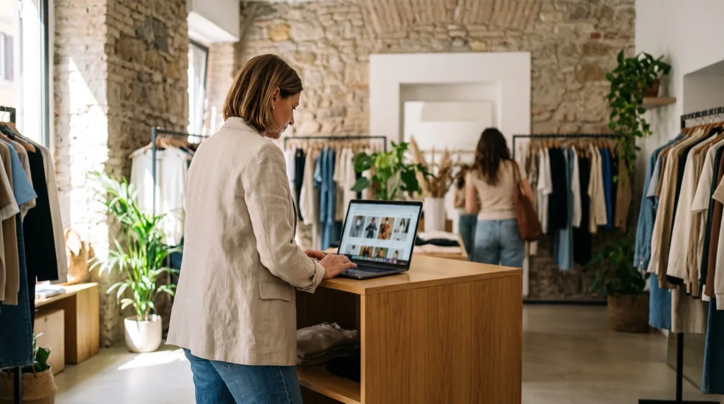 Titolare di una boutique guarda il sito web della sua attività su un laptop