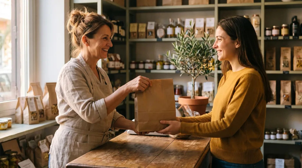 Titolare consegna un acquisto a una cliente soddisfatta in un negozio locale