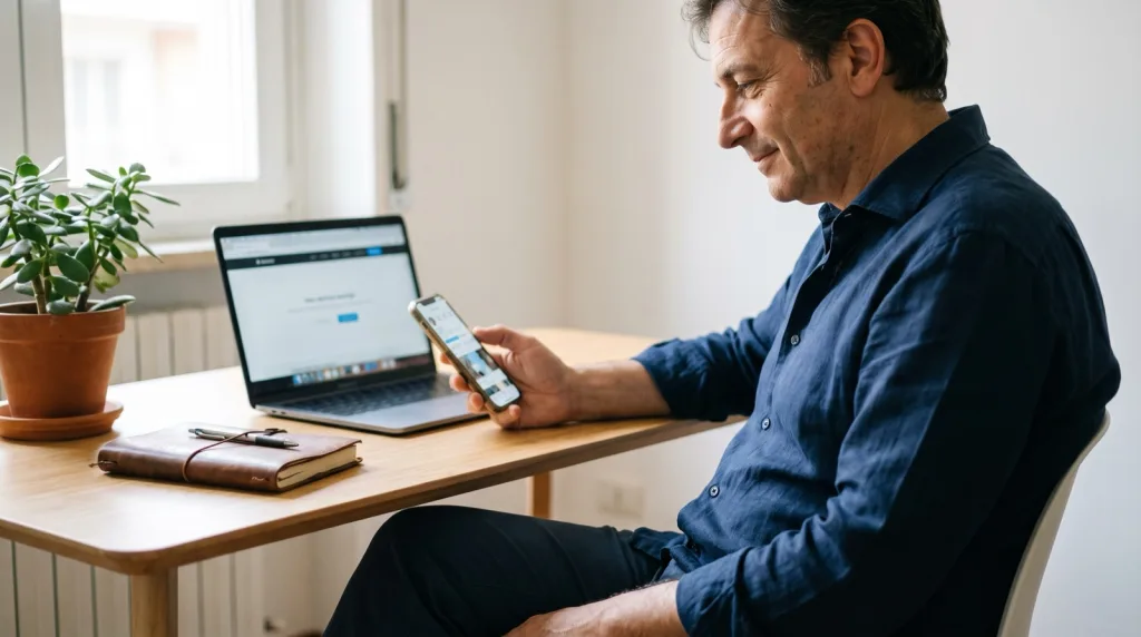 Titolare lavora al sito sul laptop mentre guarda i social sullo smartphone