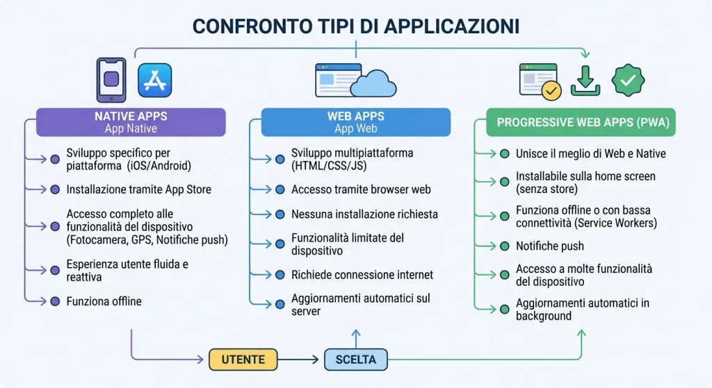 A diagram illustrating the differences between native apps, web apps, and Progressive Web Apps (PWAs).