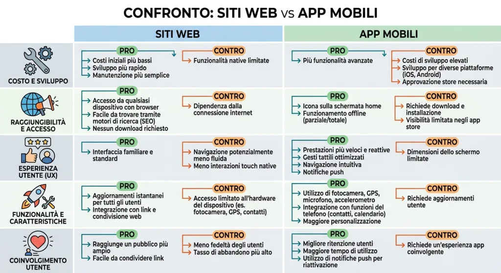 A comparison table highlighting the pros and cons of websites and mobile apps across different criteria like cost, reach