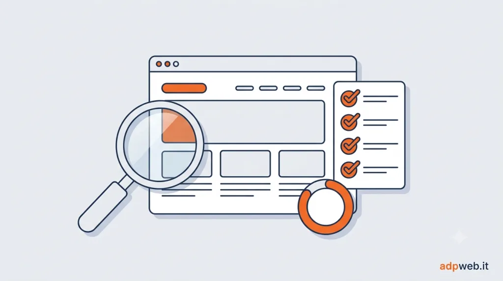 Audit di accessibilità di un sito: browser con checklist, lente d'ingrandimento e indicatore di avanzamento