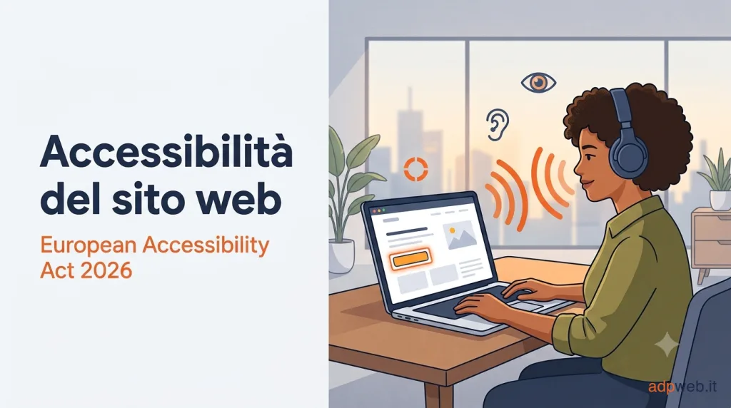 Illustrazione: persona con cuffie usa uno screen reader al laptop; titolo Accessibilità del sito web ed European Accessibility Act 2026