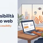 Illustrazione: persona con cuffie usa uno screen reader al laptop; titolo Accessibilità del sito web ed European Accessibility Act 2026