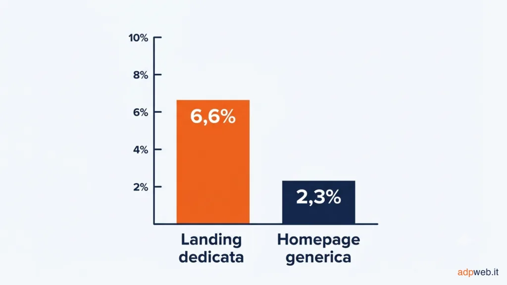 Grafico a barre: tasso di conversione di una landing page dedicata (6,6%) rispetto alla homepage generica (2,3%)