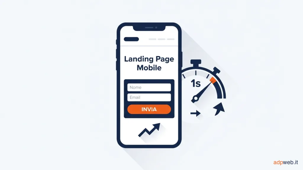 Landing page su smartphone con form breve e caricamento veloce, sotto un secondo