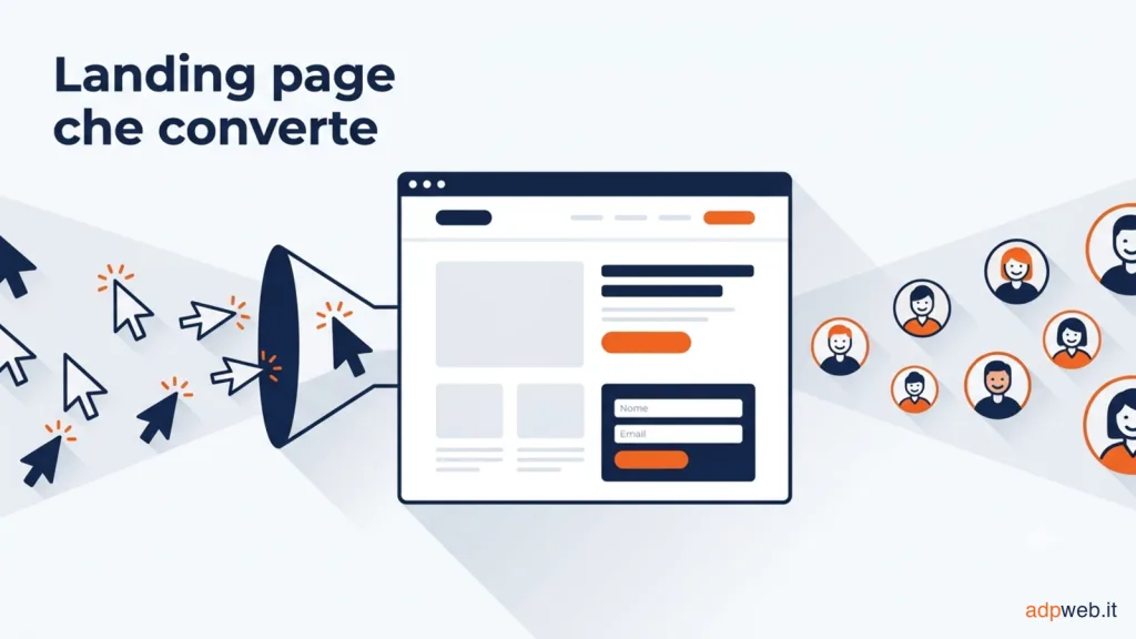Illustrazione di una landing page che trasforma i clic delle campagne in clienti
