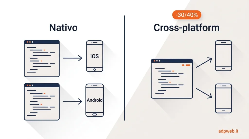 App nativa (due codebase per iOS e Android) a confronto con cross-platform (un solo codice condiviso)