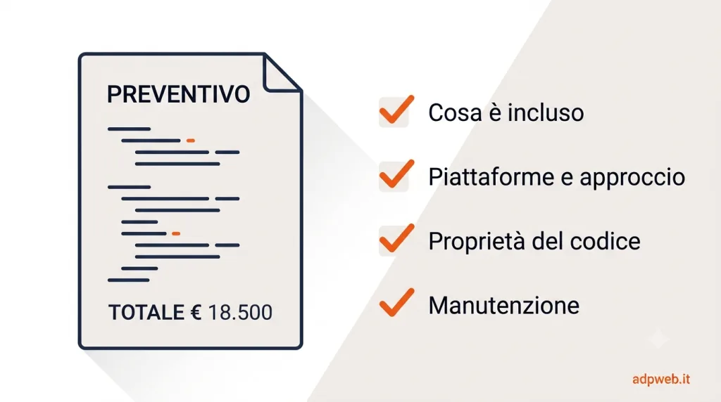 Le voci da controllare in un preventivo per un'app: cosa è incluso, piattaforme, proprietà del codice, manutenzione